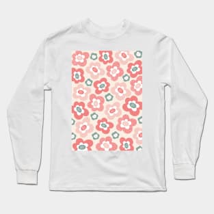 Funky Floral Pattern in Coral Pink and Blue Long Sleeve T-Shirt